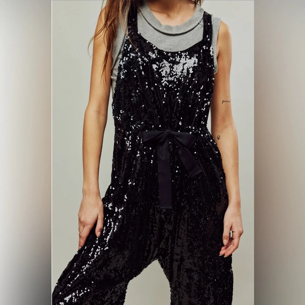 Free People Sparkling Black Sequin Jumpsuit